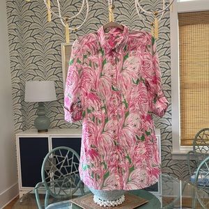 Lilly Pulitzer Size Medium Jupiter Island Tunic/Blouse Pink Colony Flamingo